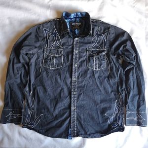 Lamasini Premium Dark Navy Blue Western Rodeo Tribal Print XL Button-down Shirt